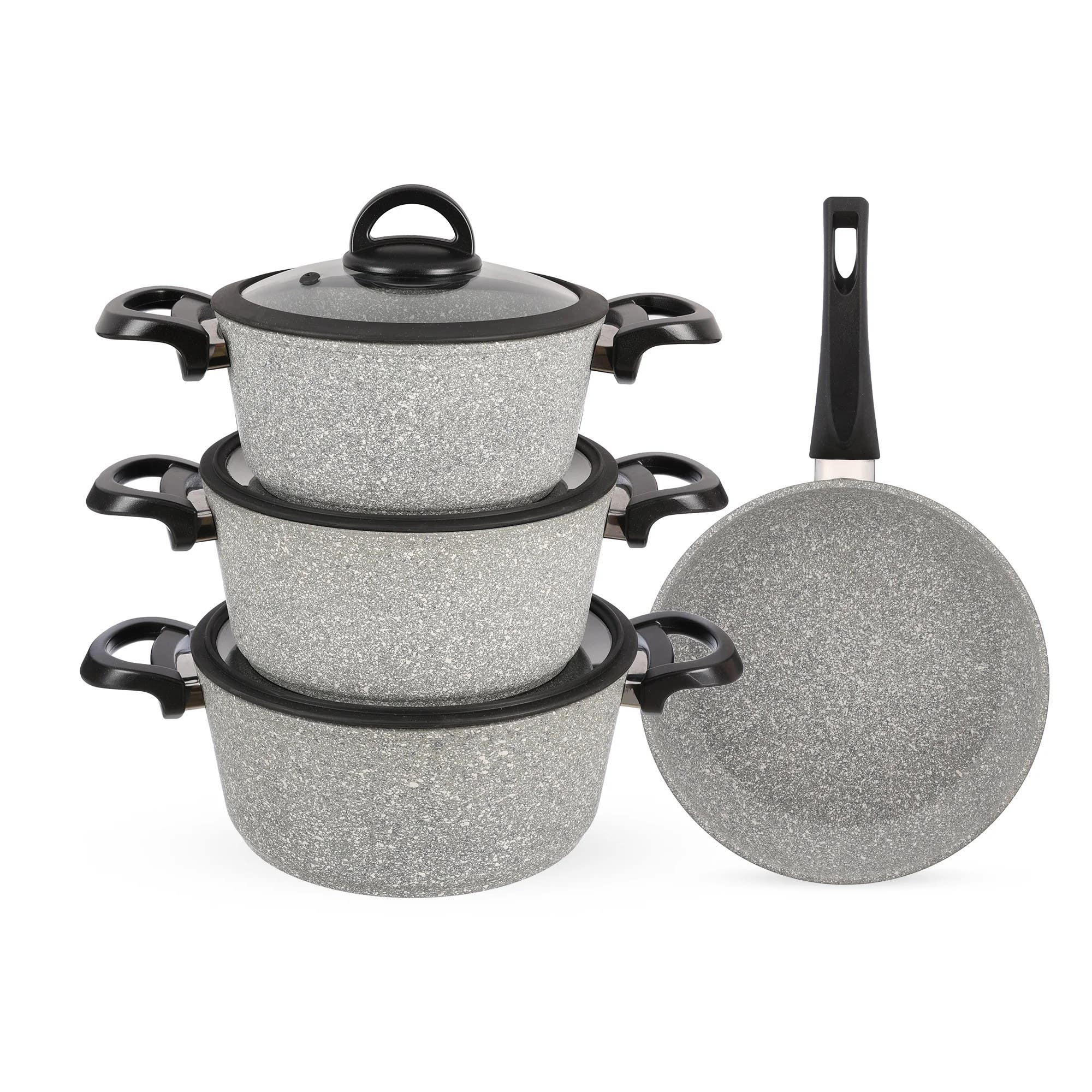 7-Piece Bio Granite Gray Cookware Set | PFOA & PTFE-Free Non-Stick | 5-Layer Swiss Technology | Aluminium | 5-Year Warranty