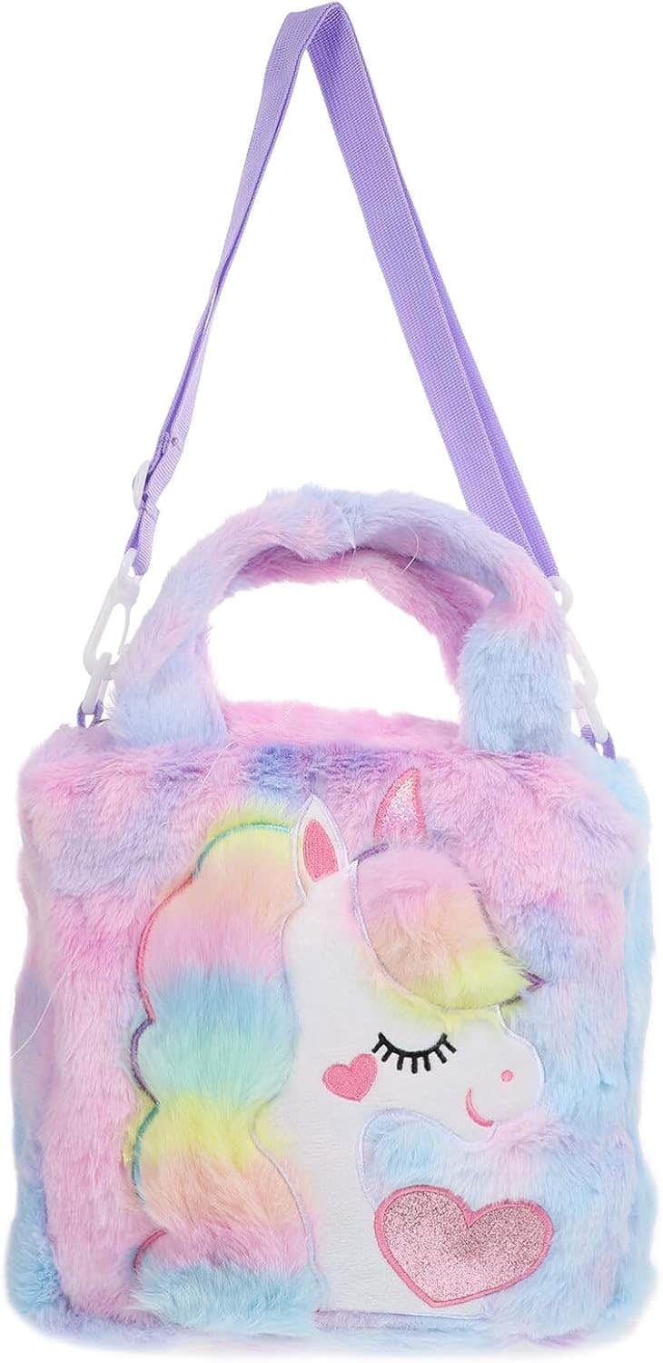 Kichvoe Unicorn Plush Crossbody Handbag | Pink, Little Girl Purse | Fluffy Princess Tote Bag