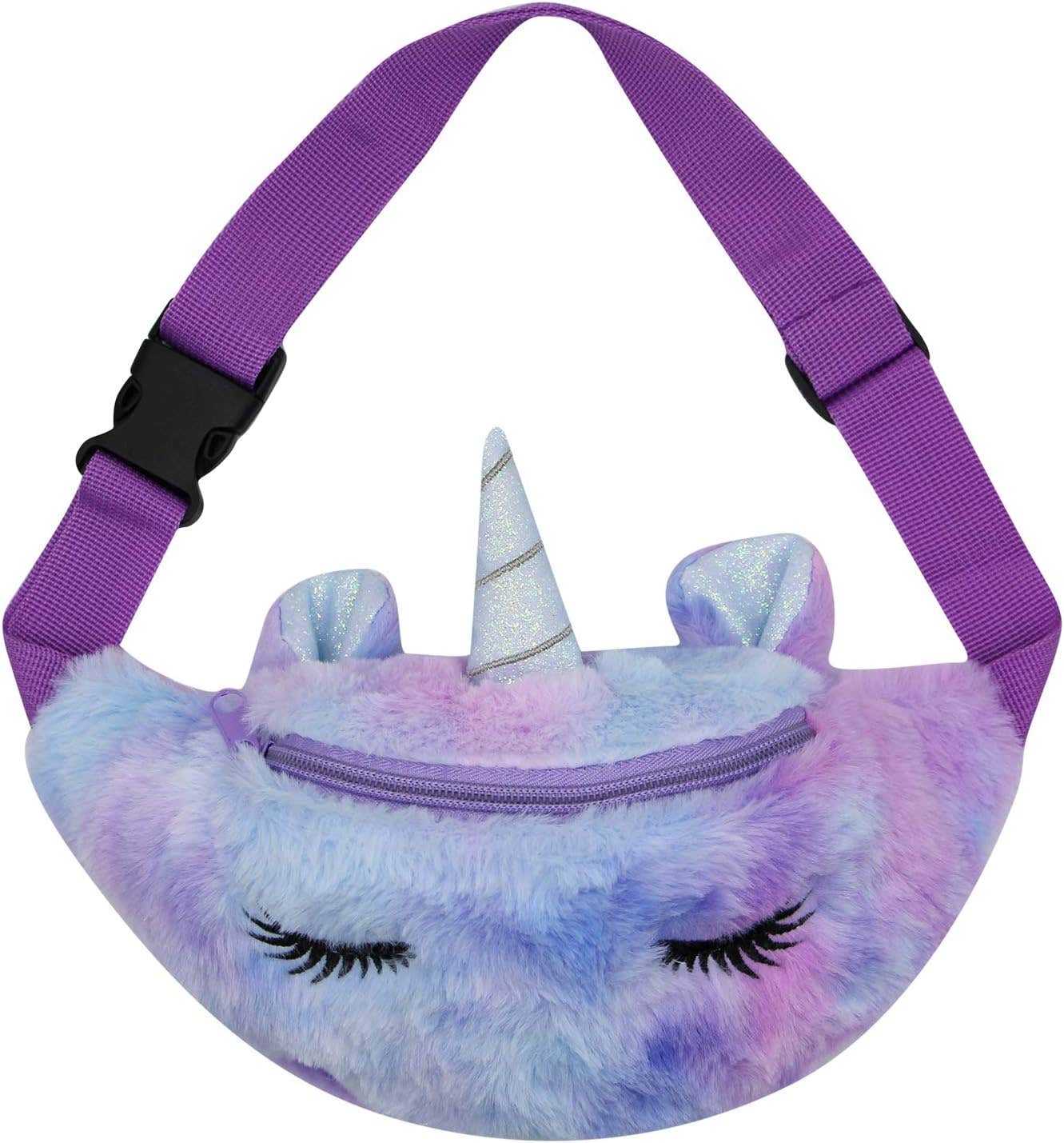 RARITYUS Unicorn Fanny Pack with Glitter Ears, Purple - Cute Plush Waist Bag