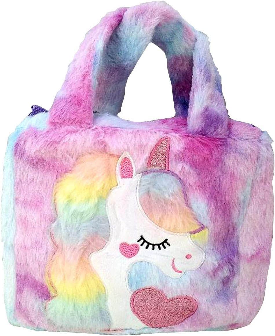 SNAPTRON Unicorn Fur Handbag for Girls - Multicolour, School Travel Bag