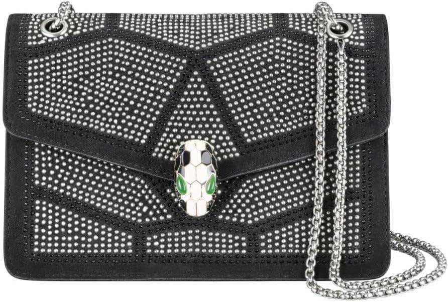 Crystal Embellished Black Crossbody Bag | PU Leather | Silver Chain