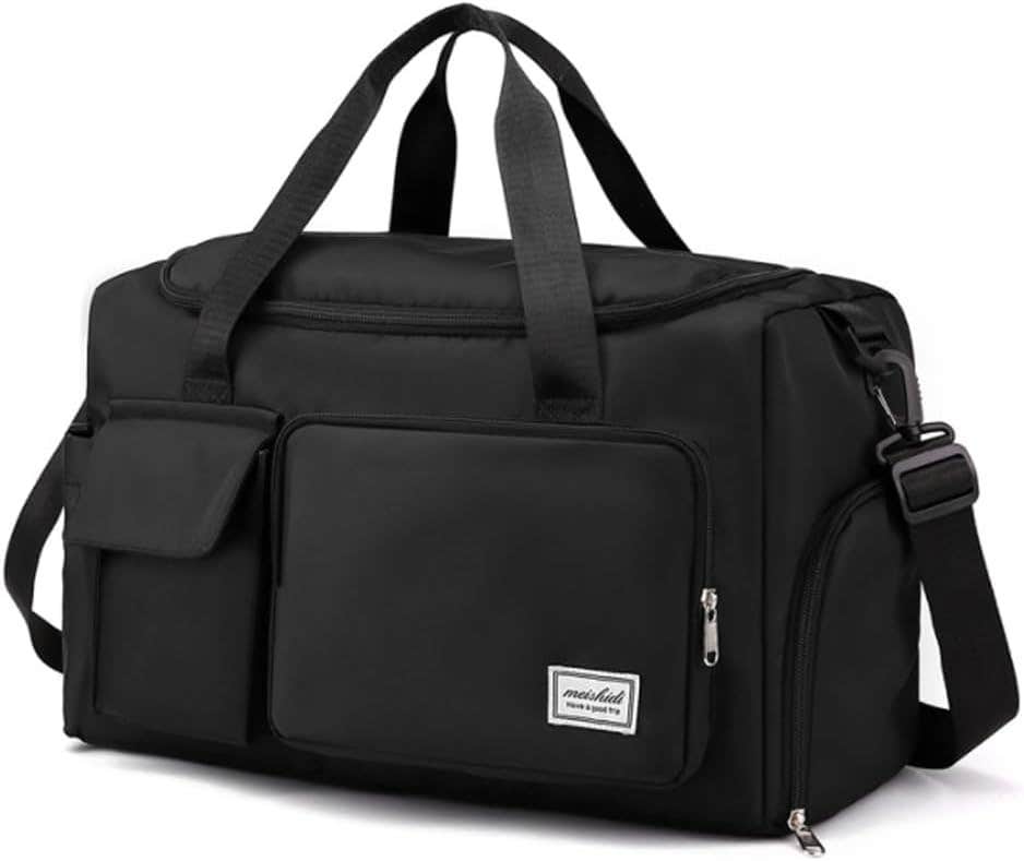 OhMill Large Capacity Travel Duffel Bag - Rainproof Gym Sports Bag with Wet Dry Pocket, Shoe Compartment - Black