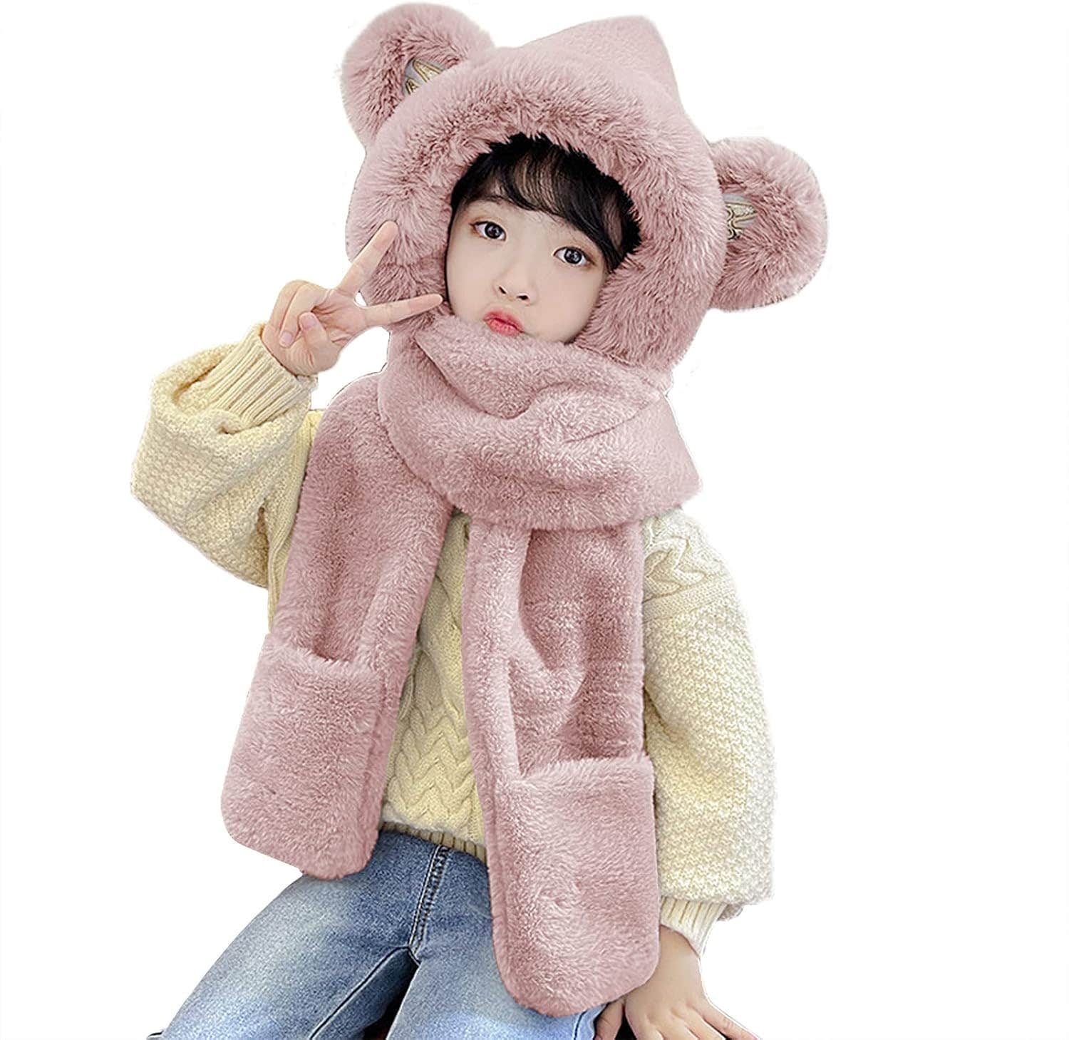 Kids 3-in-1 Faux Fur Winter Set with Bear Ears - Windproof & Warm
