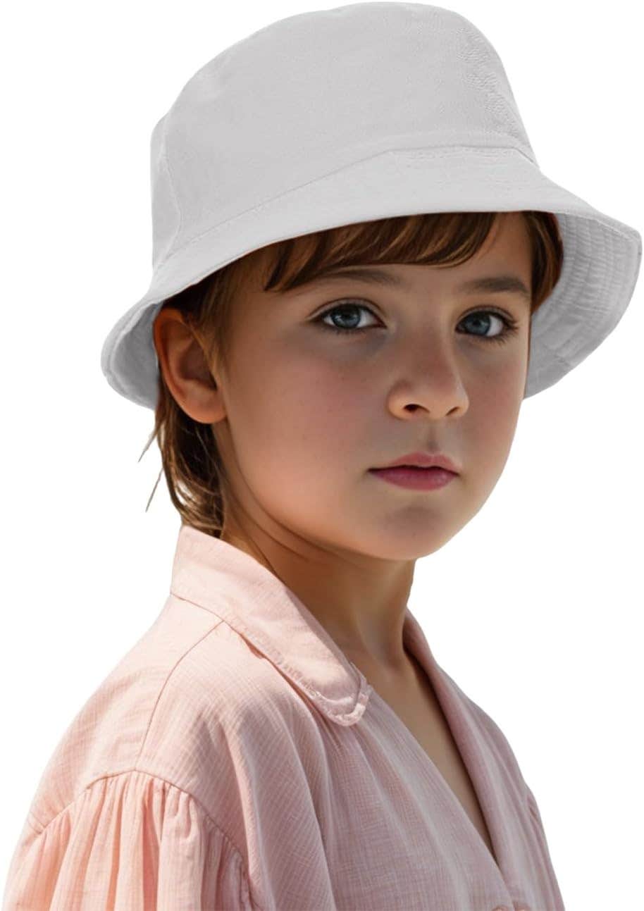 TopTie Classic Kids Cotton Bucket Hat Summer Outdoor UV Sun Protection Hat for Boys Girls, White, One Size