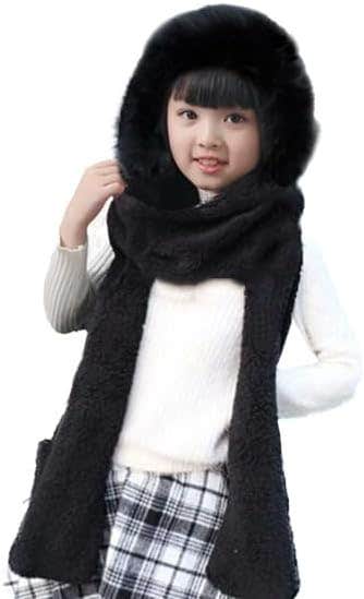 Kids Warm Hoodie Hat/Scarf/Gloves Set Soft Plush Thick Shu Velveteen Winter Hat for Girls Boys 4-10 Years Old