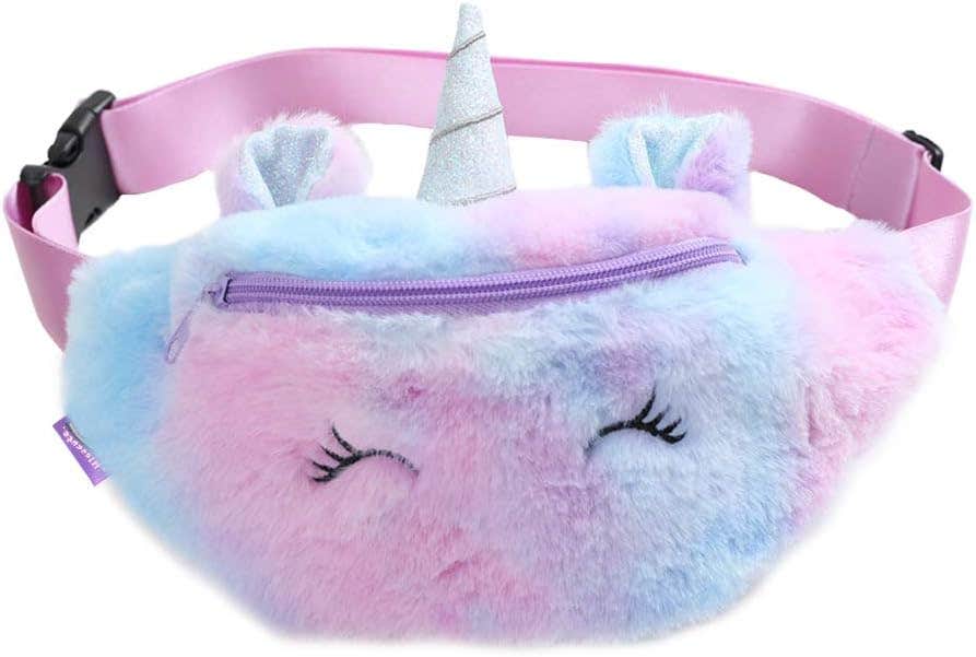 PALAY® Rainbow Unicorn Plush Fuzzy Fanny Pack Waist Bag Cute Bum Bag for Kids Girls (Purple)