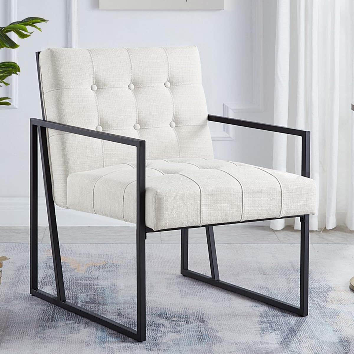 24KF Morden Linen Tufted Accent Chair with Metal Stand,Decorative Furniture Chairs for Living Room-7019-Ivory