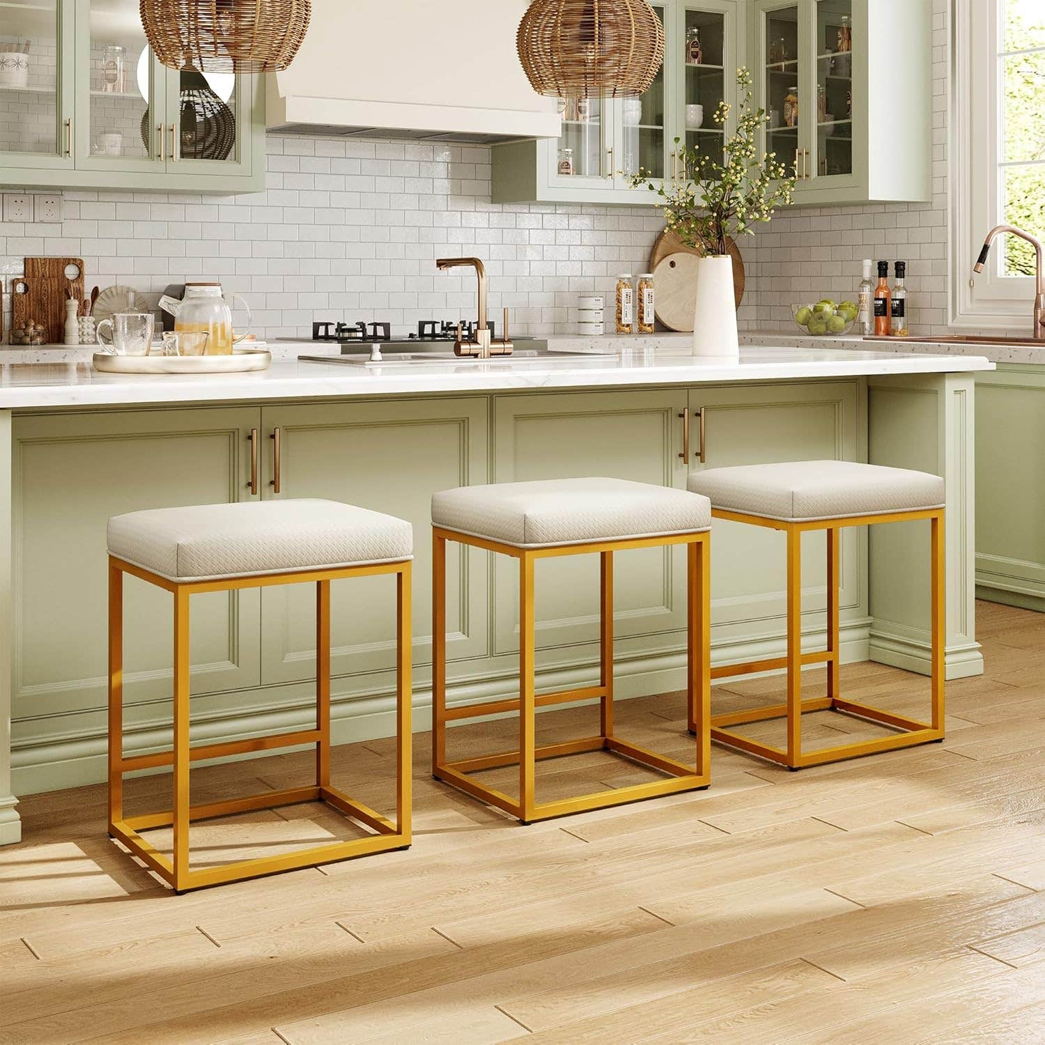 MAISON ARTS White Counter Height 24" Bar Stools Set of 3 for Kitchen Counter Modern Gold Barstools Upholstered Faux Leather Square Stools Backless Farmhouse Island Chairs,Support 330 LBS,24 Inch,White