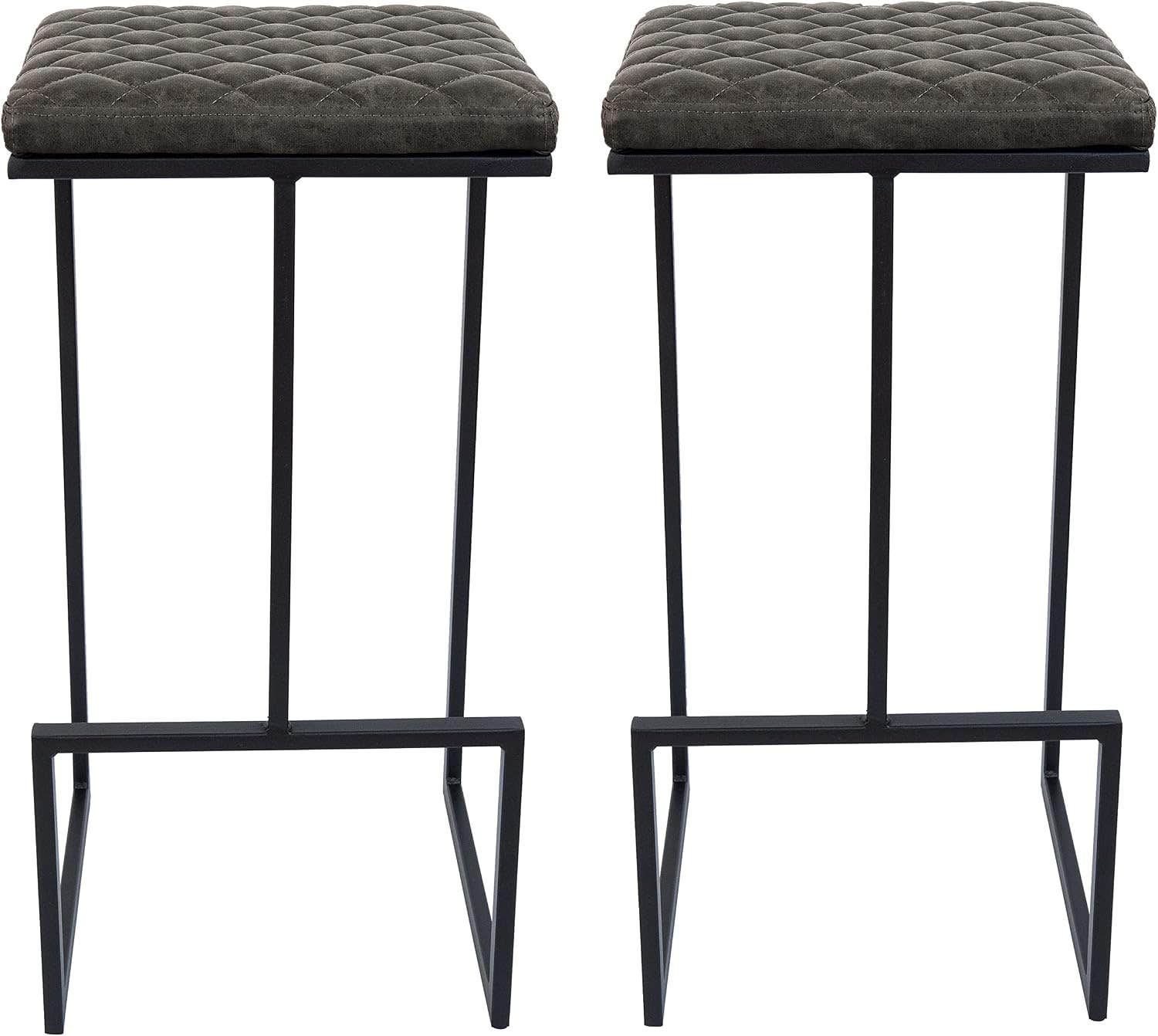 LeisureMod Quincy Quilted Stitched Leather Kitchen Counter Bar Stools with Metal Frame Set of 2 (Grey)
