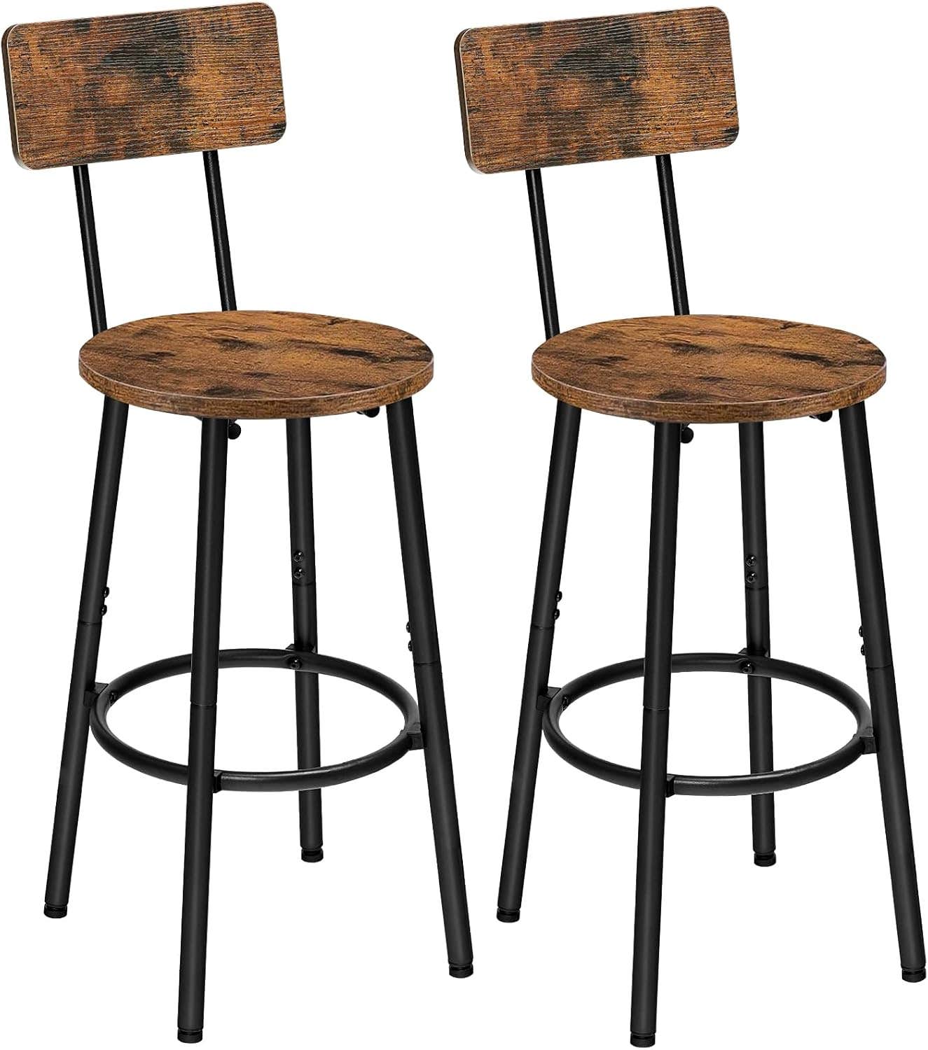 HOOBRO Bar Stools Set of 2, Bar Chairs, Bar Stools with Footrest and Back, for Kitchen, Living Room, Bar, Adjustable Feet, Easy to Assemble, Rustic Brown and Black BF32BY01G1