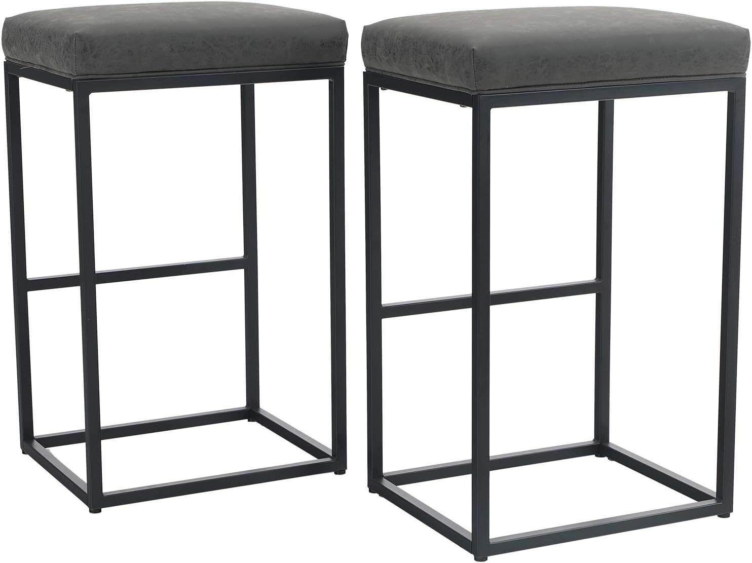 PHIVILLA 2 bar stools with footrest, kitchen chairs PU leather, backless stools, counter stools, bistro stools, for indoor outdoor dining room home bar coffee chairs, large