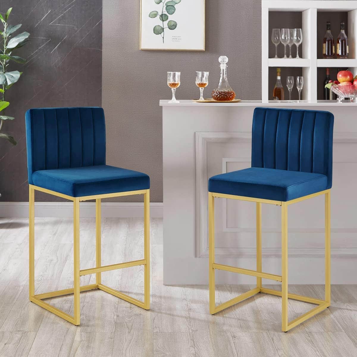 24KF Upholstered Modern Set of 2 Bar Chairs with Backrest,Soft Velvet Barstool Chair with Golden Metal Stand-Navy-2pcs