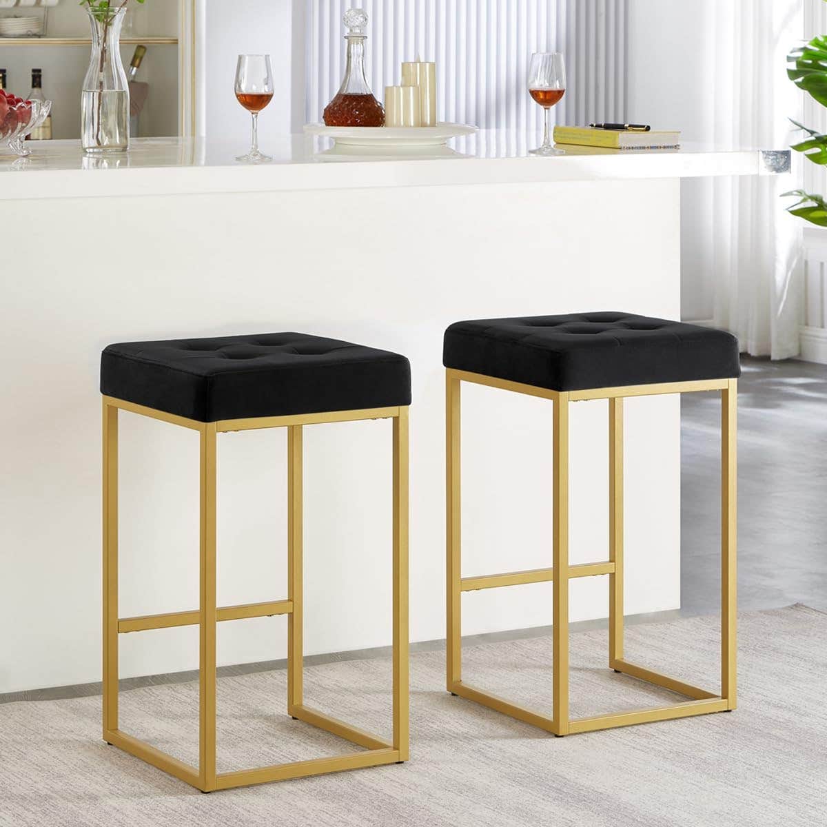 24KF Contemporary 26" H Counter Height Stool with Tufted Seat, Velvet Padded Barstool with Durable Golden Met Balase,Set of 2,5066-Black