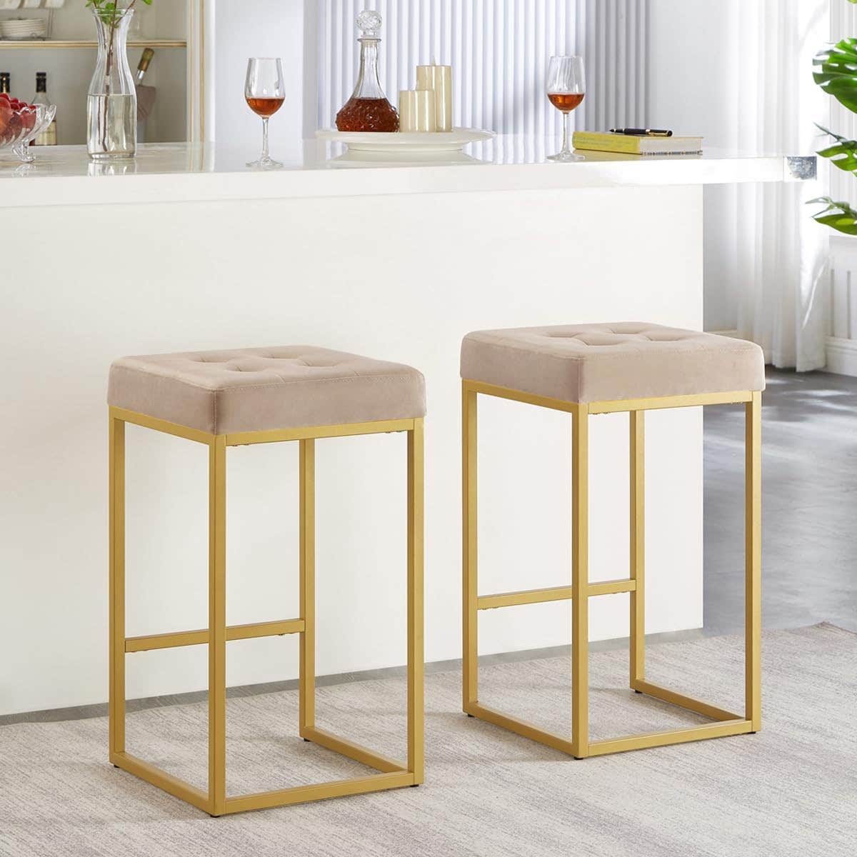 24KF Contemporary Counter Height Bar Stool Set of 2 for Kitchen Island, 26" H Velvet Padded Gold Barstool Bar Chair 5066-Taupe