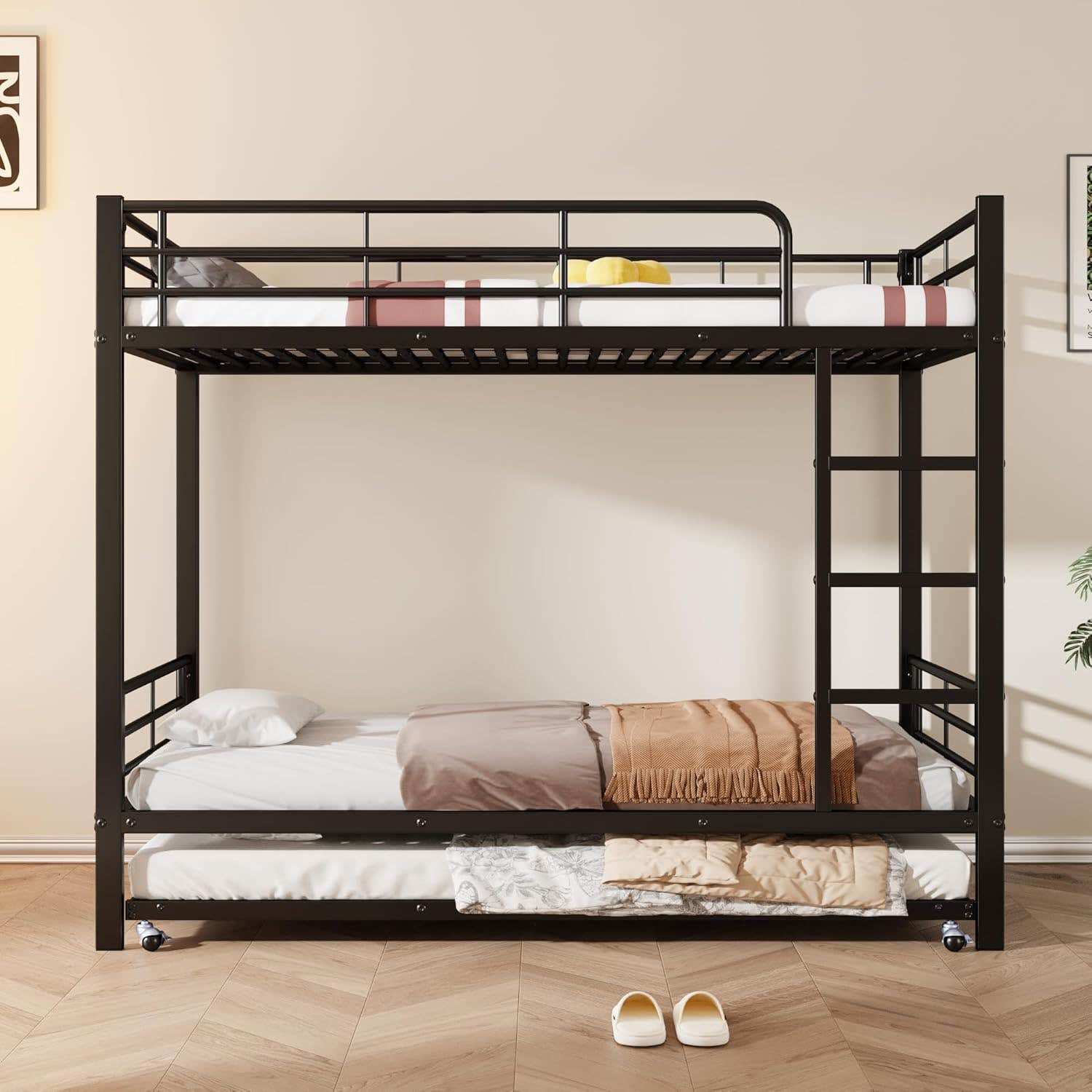 Moimhear Iron Bunk Bed With Pull-Out Bed for Children and Teenagers, Four Side Bars on Top, Black, 90 x 200 cm and 90 x 190 cm