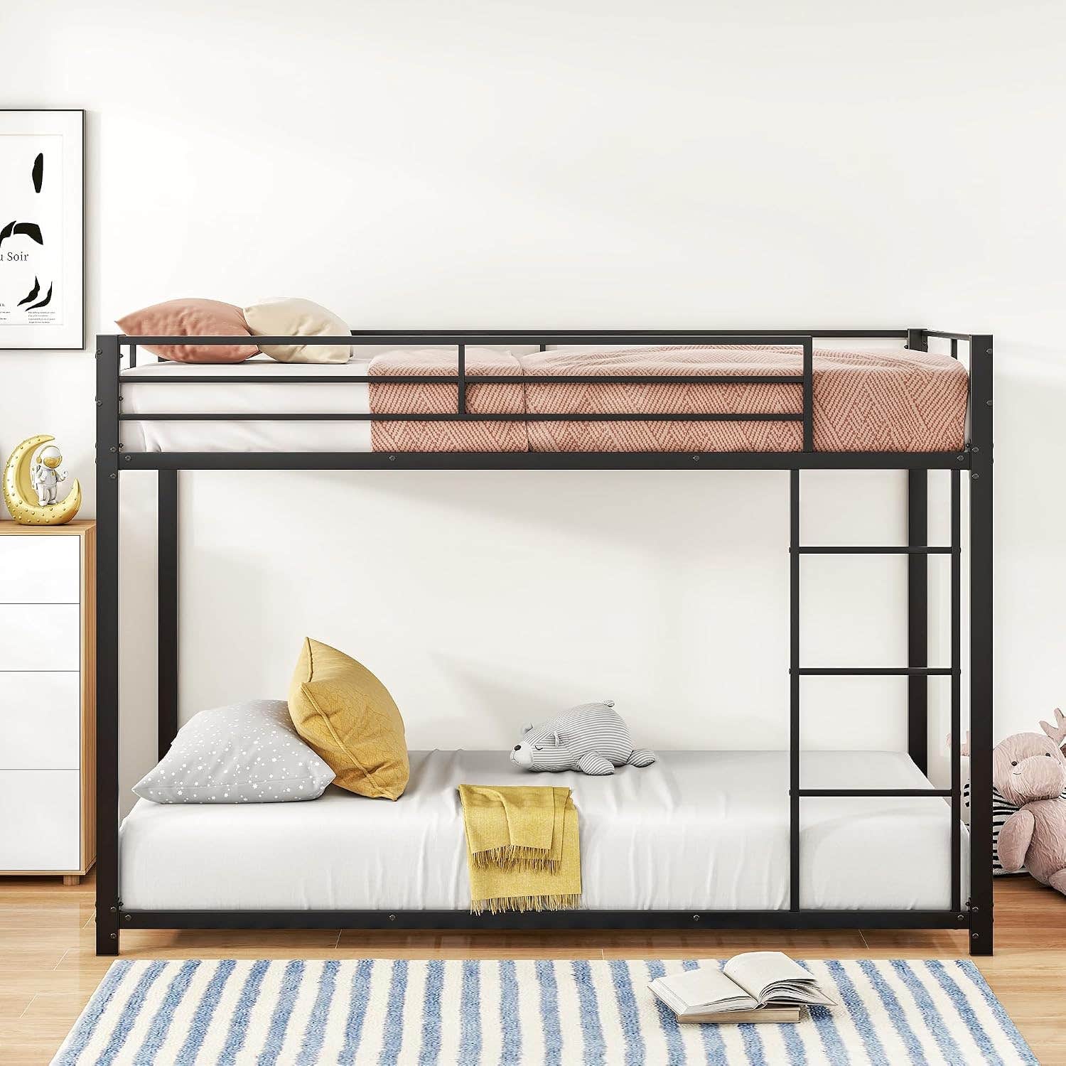Moimhear Iron Bunk Bed, 90 x 200 cm Children's Bed in Classic Shape (Black)