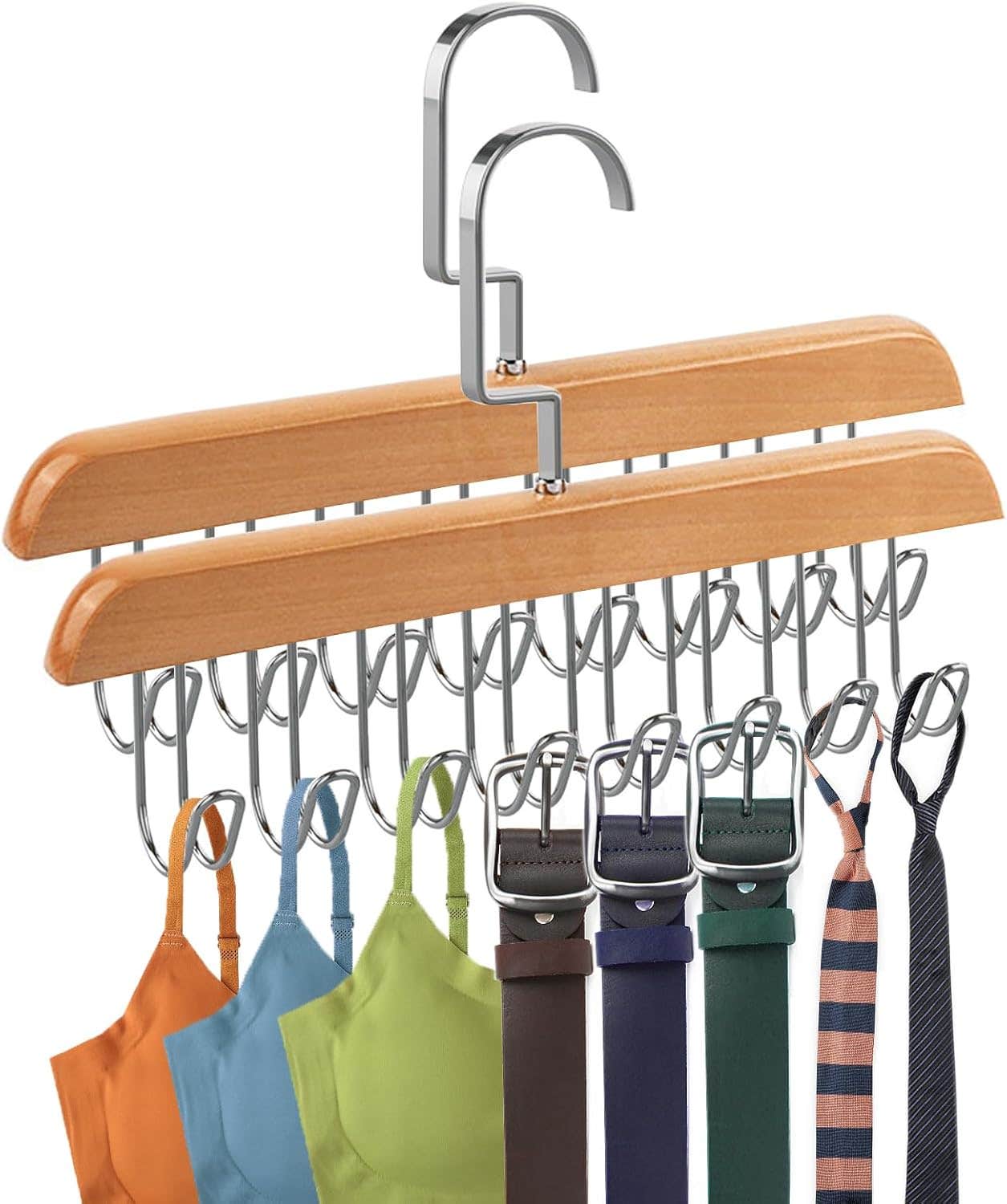 Sigowal 2 Pack Wooden Belt Hanger with 8 Hooks - Space Saving Organizer
