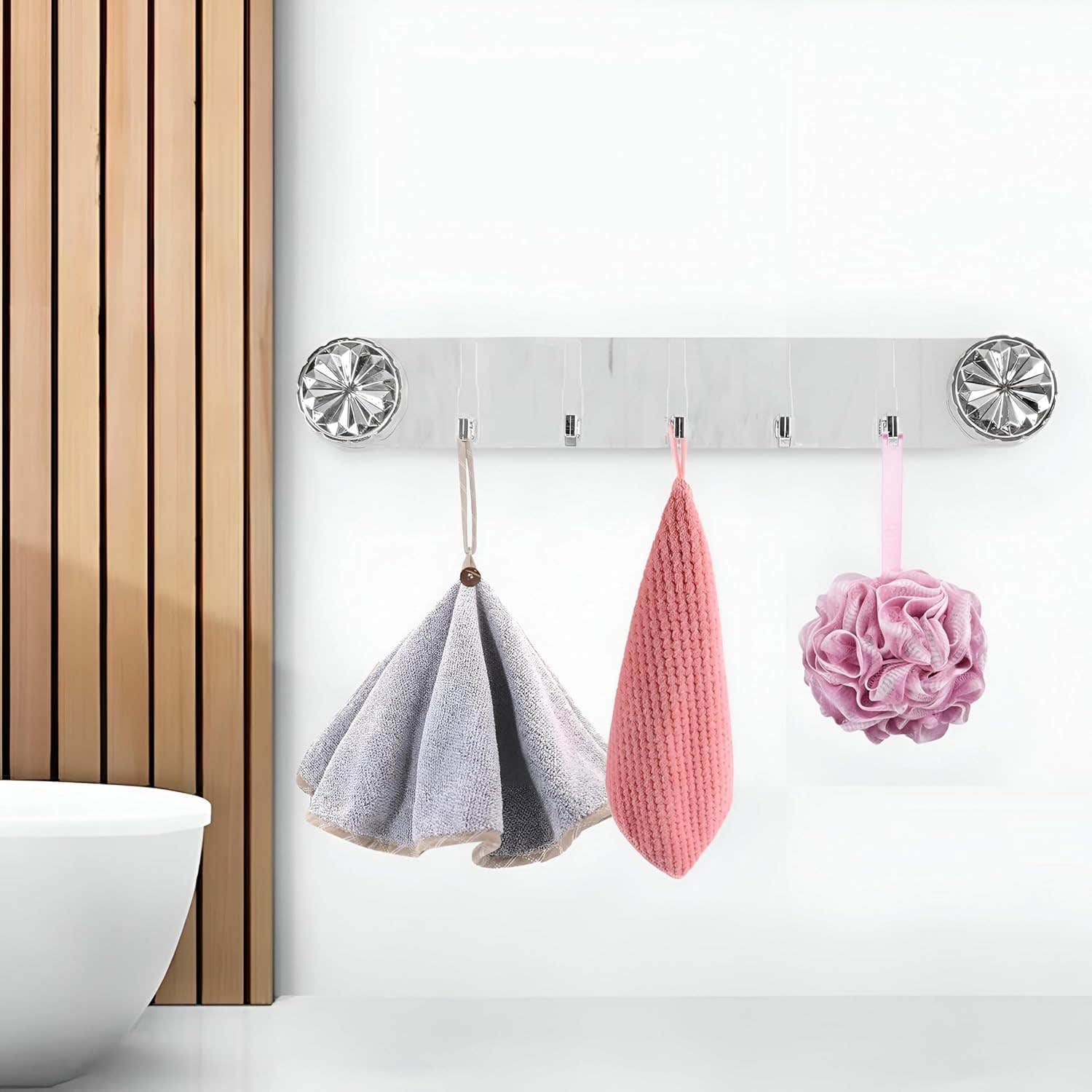 Clear Acrylic Wall Hook Rack with Crystal Knobs - 5 Chrome-Plated Hooks