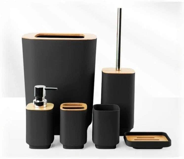 6-Piece Bamboo Bathroom Accessory Set - Toothbrush Holder, Soap Dispenser, Trash Can - Black Wood Design