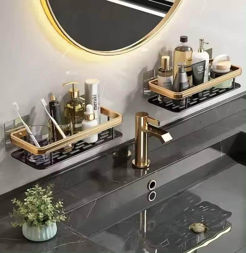 Punch-Free Bathroom Rack Rack Shampoo Shower Storage Rack Kitchen Rack Toilet Kitchen Storage Rack Bathroom Accessories Set (Golden Standard 2Pcs)