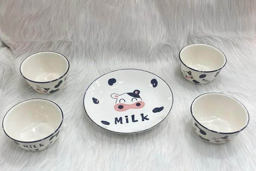 Porcelain Cow Pattern Dinnerware Set - 5-Piece Milk Bowls & Plate