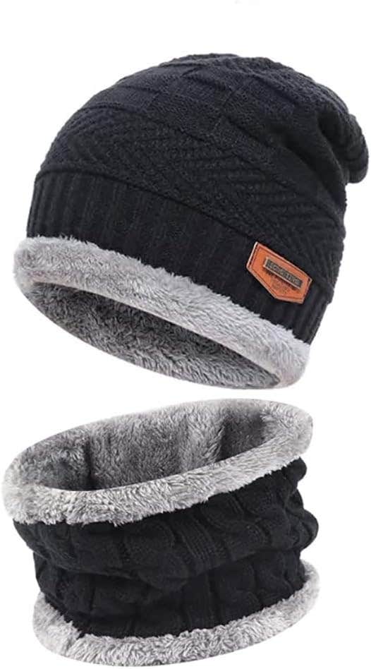 Generic Winter Beanie Hat Scarf Set | Thick Fleece Lined Neck Warmer for Men Women