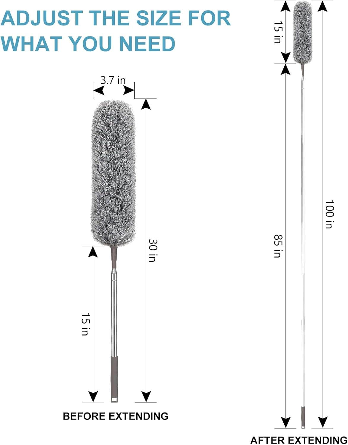 Microfiber Feather Duster with Extension Pole (30-100 inch) Dusters for Cleaning with Microfiber Duster Head Washable Bendable Ceiling Fan Duster for High Ceilings, Furniture，Grey
