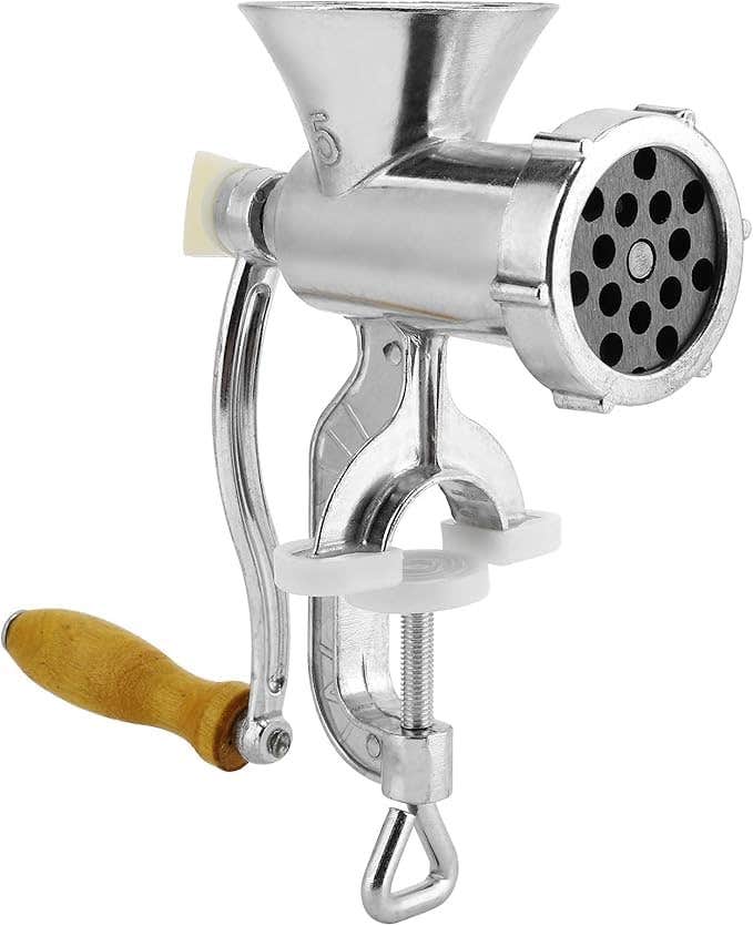 Manual Meat Grinder with Stainless Steel Construction, Wooden Handle, Table Clamp Mount, Silver