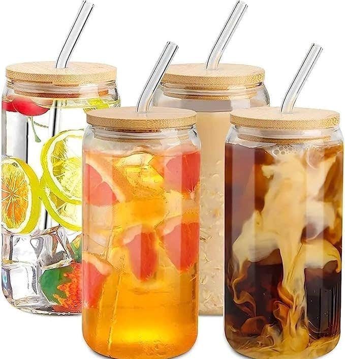 Drinking Glasses With Bamboo Lid And Glass Straw Pack Of 1, Beer Glass Tumbler Sipper For Mojito Soda Smoothies Whiskey Iced Coffee Cocktail Tea Juice (6)