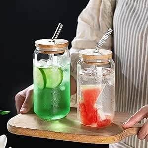 Glass Cup with Bamboo Lid and Glass Straw, 400ml Iced Coffee Cup, Reusable Smoothie & Juice Tumbler, Clear Drinking Jar with Lid for Home & Café 2piece