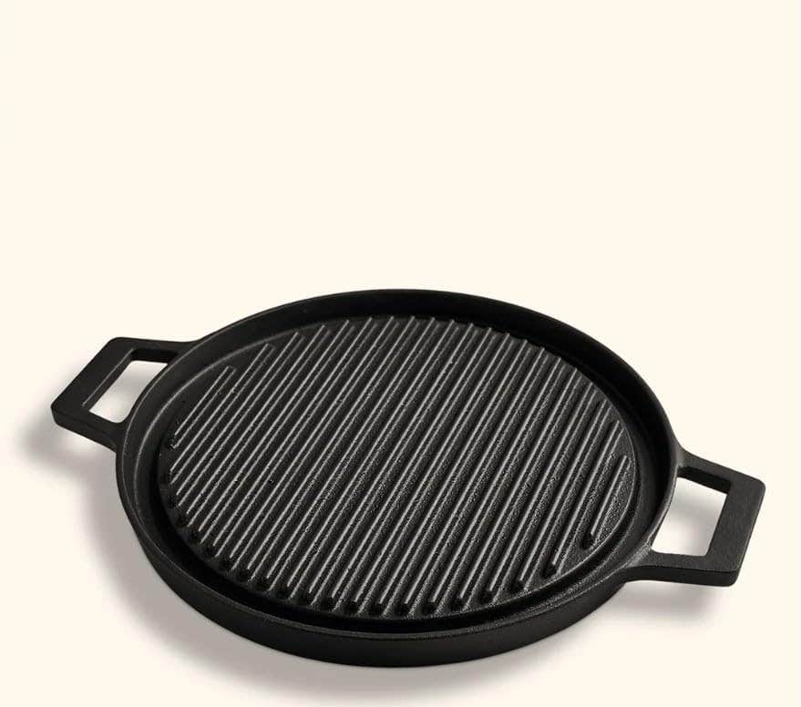 Cast Iron Grill Pan, Round, Black, Ridged Surface, Dual Handles