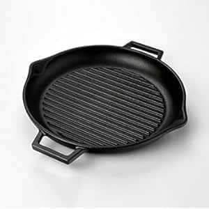 Cast Iron Round Grill Pan, Black, Holds Large Chunks of Meat or Multiple Portions of Vegetables, Striped Surface for Indoor Grilling, 2 Handles.