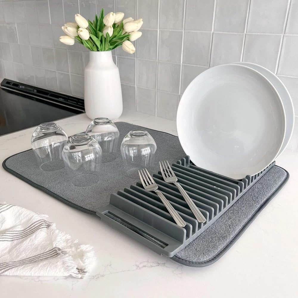 EBASKET Dish Drying Rack with Utensil Holder, Microfibre Mat