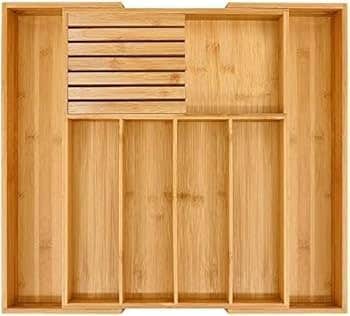 Wooden Utensil Drawer Organizer, Expandable Cutlery Tray with 7 Compartments, Natural Oak Finish