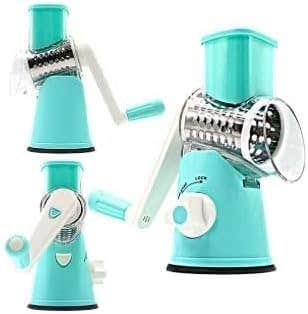 Manual Vegetable Chopper with Suction Base, Turquoise, 3 Blades for Mincing and Slicing
