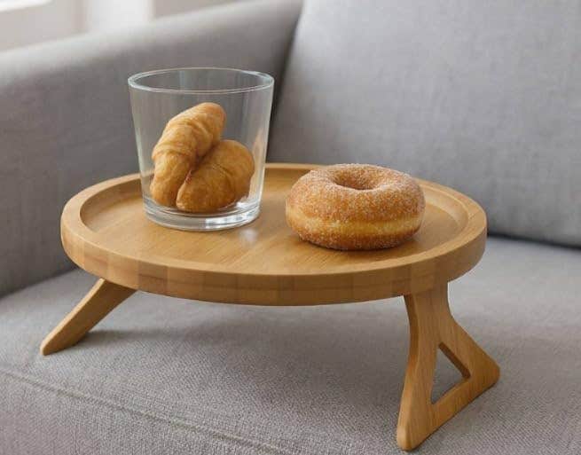 Bamboo Sofa Side Table Tray, Portable Fruit Snack Stand, Natural Wood
