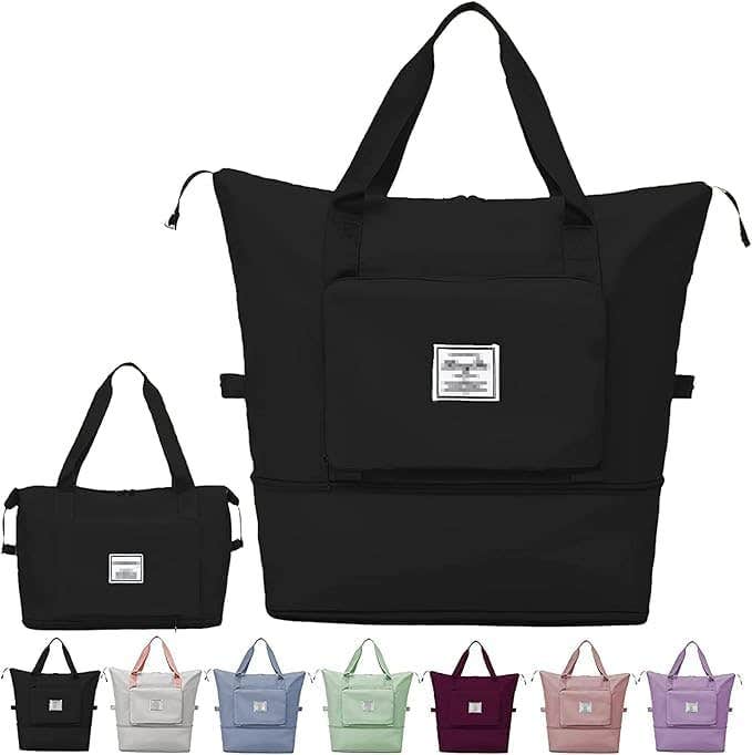 Expandable Travel Tote Bag with Shoe Compartment, Large Capacity Weekender Duffle, Black