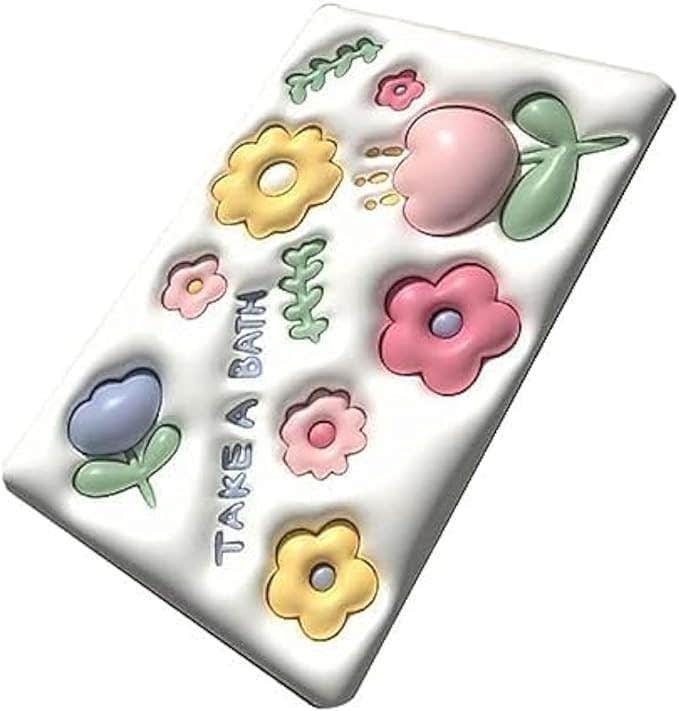 Floral Bath Mat, Non-Slip Bathroom Floor Mat with Pastel Flower Design