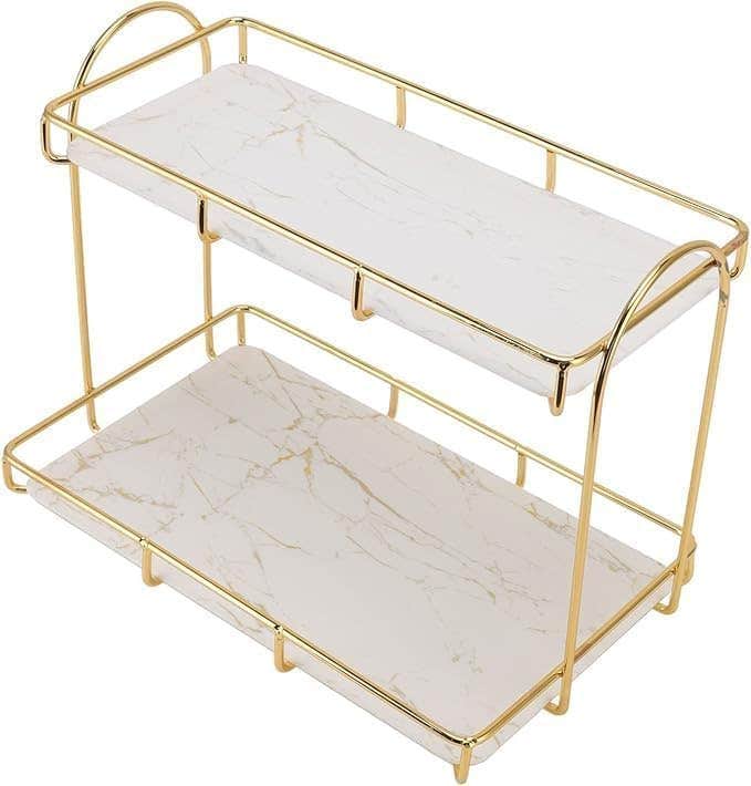 2-Tier Marble Design Bathroom Organizer, Gold Metal Frame, White Decorative Storage Tray, Modern Vanity Shelf