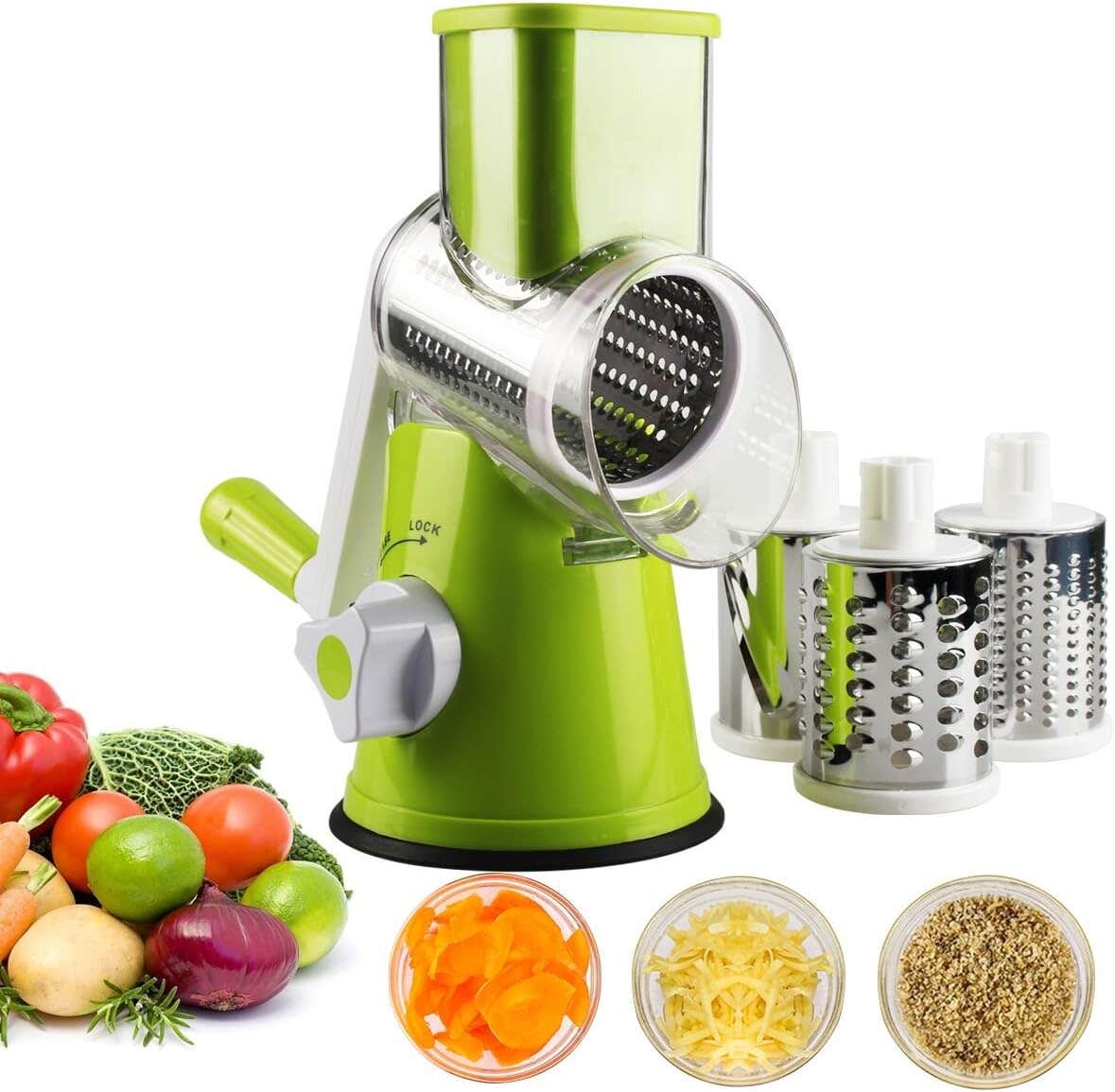 Vegetable Chopper Rotary Cheese Grater, Mandoline Vegetable Slicer with 3 Interchangeable Blades, Easy to Clean and Non-slip Rotary Grater Slicer for Fruit, Vegetables, Nuts(Green)