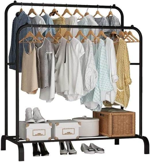 Clothes Stand clothes rack with double rods 110cm, metal garment rack coat rack shoes rack, 150 x 110 x 40 cm, Black, Includes Shoe Rack and Accessories - Generic