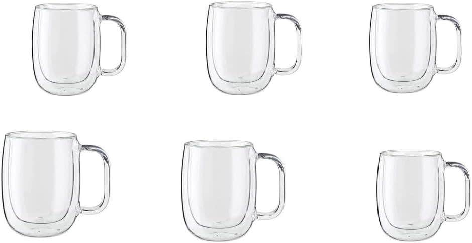 Double Wall Glass Mug, Clear, Borosilicate Glass, with Handle, for Coffee and Tea (6) 250ml