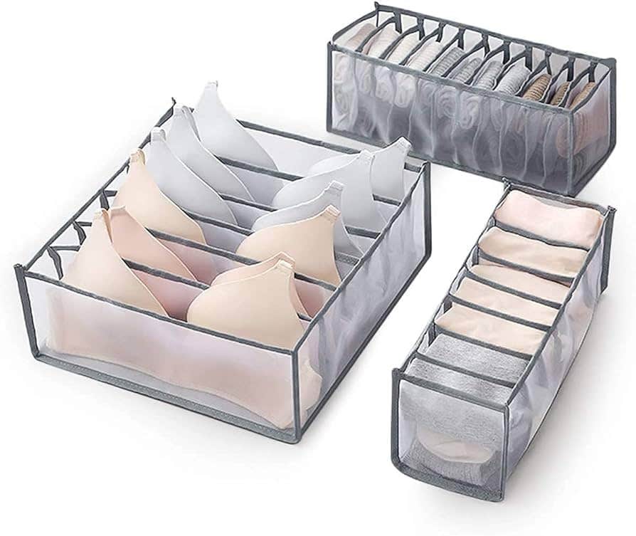 Drawer Organiser Set of 3, Grey Mesh Fabric, Foldable Divider Boxes for Bras, Underwear and Socks