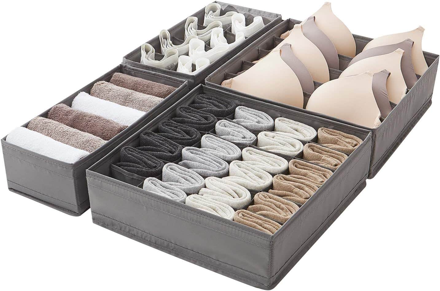 Drawer Underwear Organizer Dividers, Oxford Cloth Organizers and Storage Boxes for Lingerie, Bra, Socks, Underwear, Ties 5+6+8+24 Cell, (Grey, 4 pack)