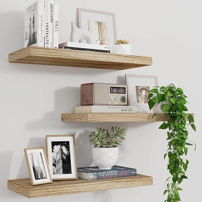 Floating Wall Shelves, Set of 3, Carbonized Finish, Farmhouse Rustic Style, Wood, for Living Room Display