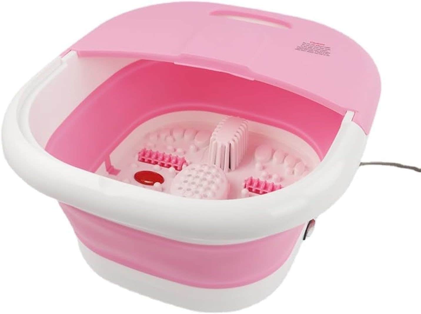 LUKSYOL Foldable Foot Spa with Heating Bubbles, Shiatsu Massager Rollers, Mini Feet Bath Tub Basin - Pedicure Bucket for Relieving Fatigue and Body Stress (Pink & White)