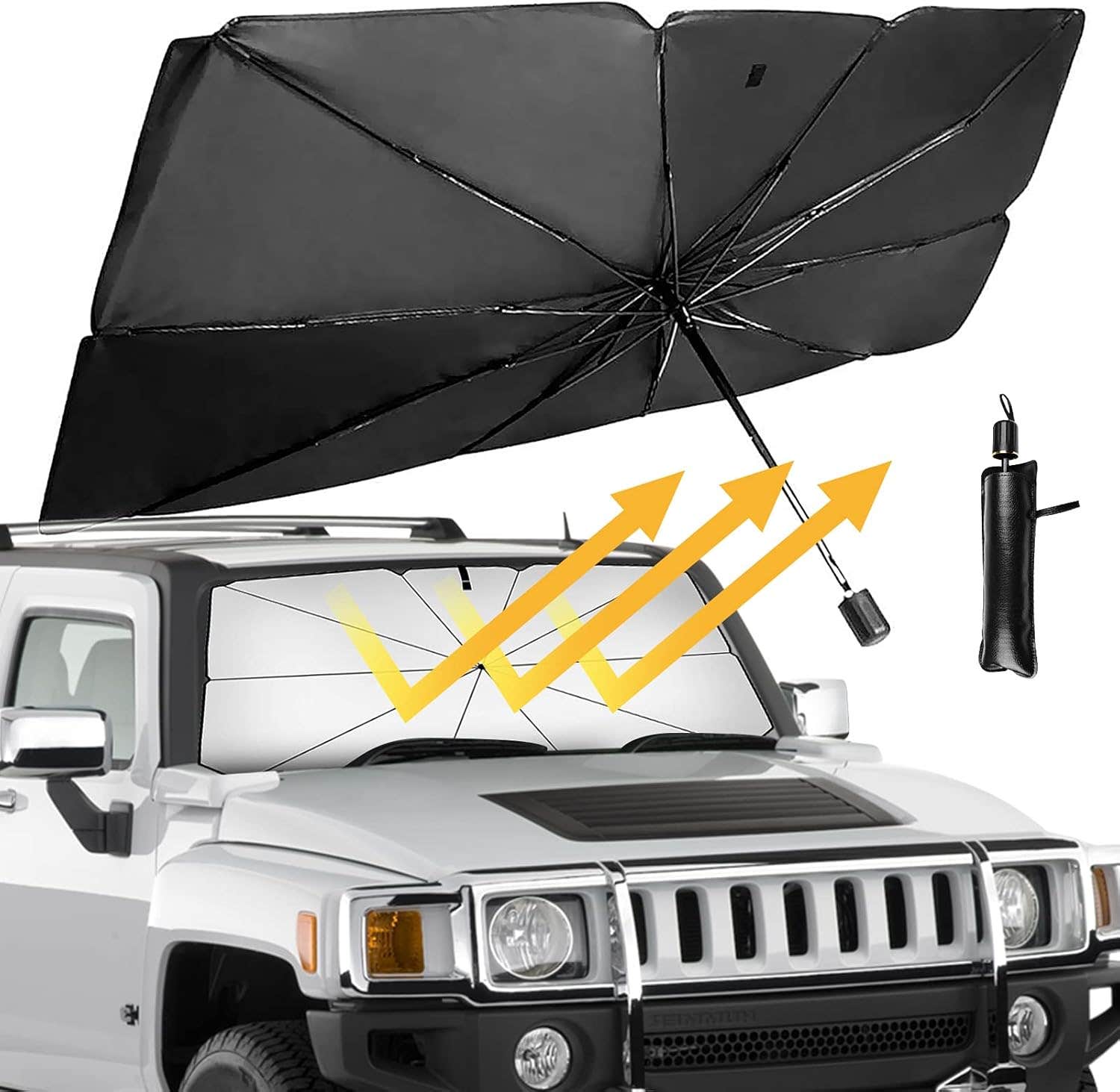 Car Windshield Sun Shade Umbrella, Foldable Sunshade for Car Windshield Front Window Blocks UV Rays Automotive Interior Sun Heat Visor Protector Keep Vehicles Cool, Fits Most SUV Truck