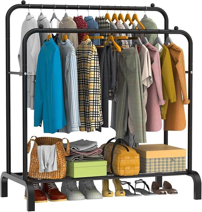 Double Rod Garment Rack, Heavy Duty Clothes Rail with Bottom Shelf, Black Metal Frame