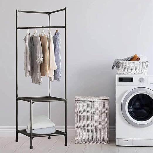 Freestanding Clothes Rack with 2-Tier Shelves, Metal, Available White