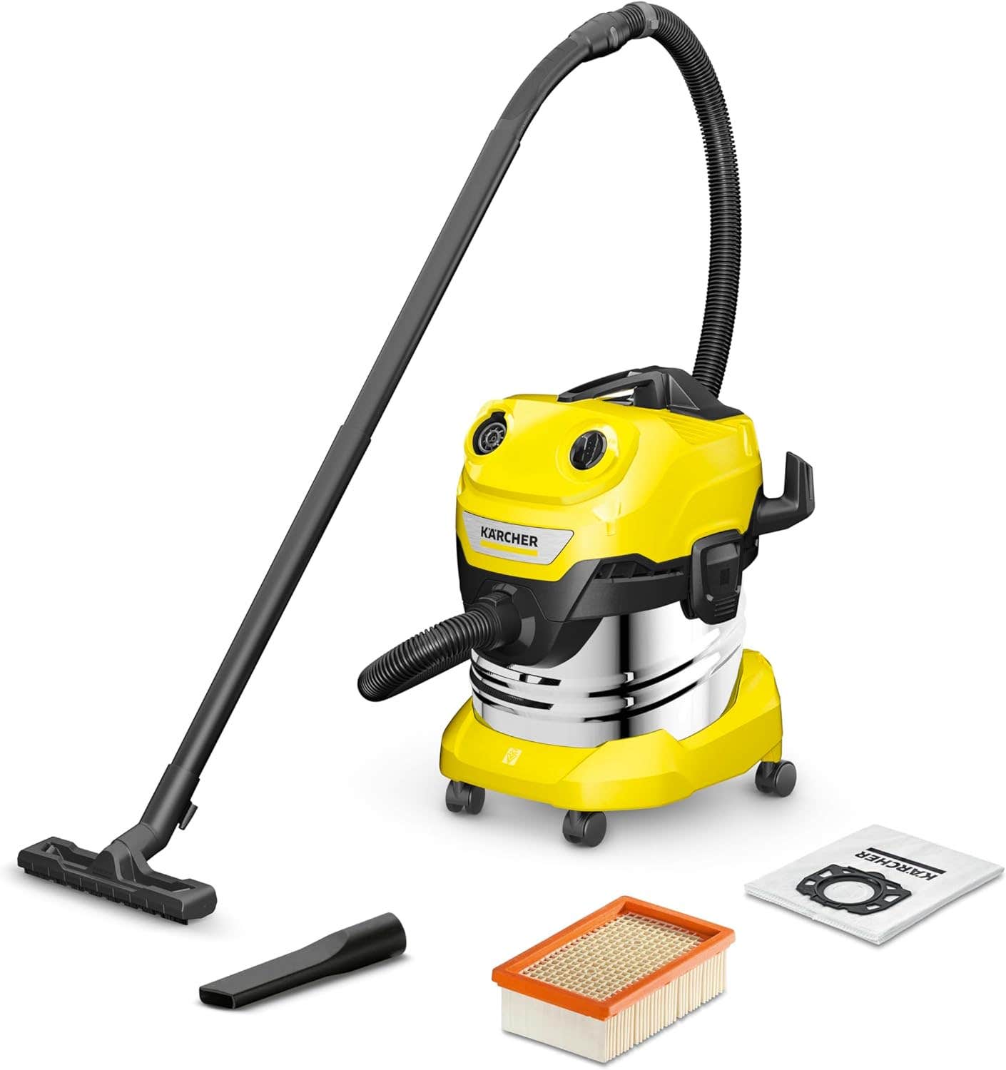 Kärcher WD 4S V 20 5 22 Vacuum Cleaner, 20 Litres, 1000 Watts - Ideal for Hard Floors - Yellow